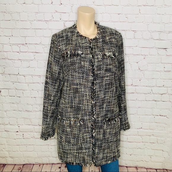 CHICOS Tweed Fringe Duster Jacket w Pockets Size M - Picture 2 of 6
